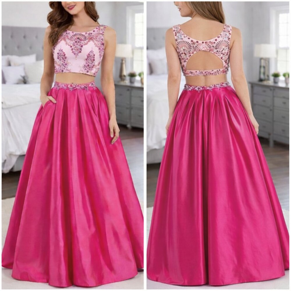 Rachel Allan 7618 Pink Two Piece Barbiecore Long Formal Gown $538